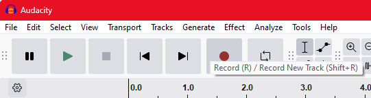 Screenshot of Audacity control menu with record highlighted