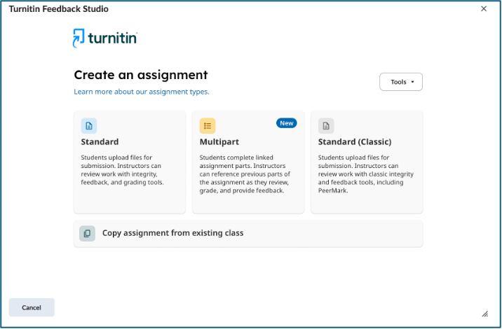 Turnitin assignment selection screen showing three choices, New Standard assignment, Multipart assignment, and Classic Standard assignment