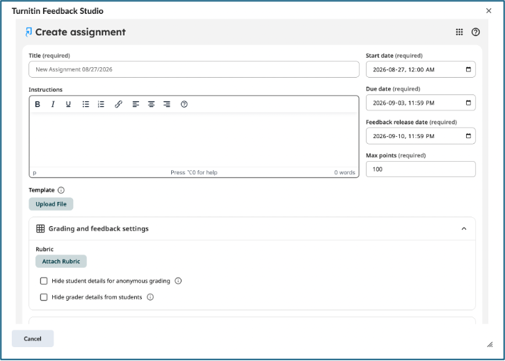 New Standard Assignment creation and settings screen