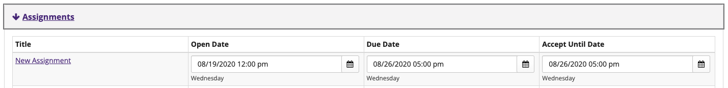 The date manager tool view of an Assignment, with Open Date, Due Date, and Accept Until Date open