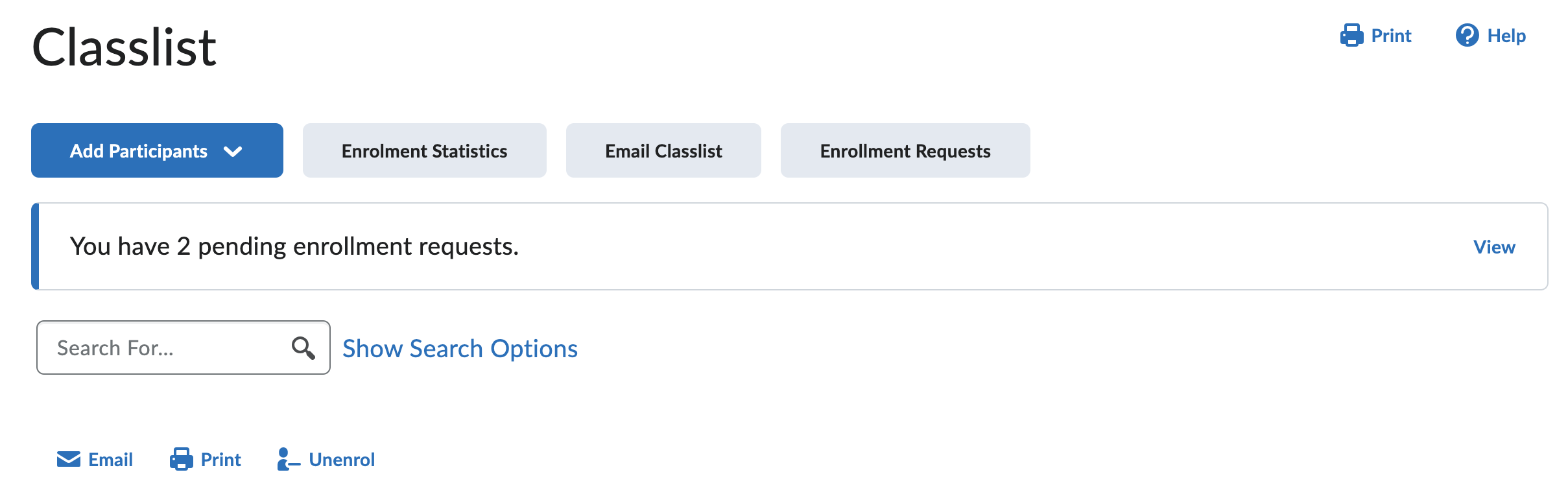 Screenshot of the Classlist tool in a discoverable course.