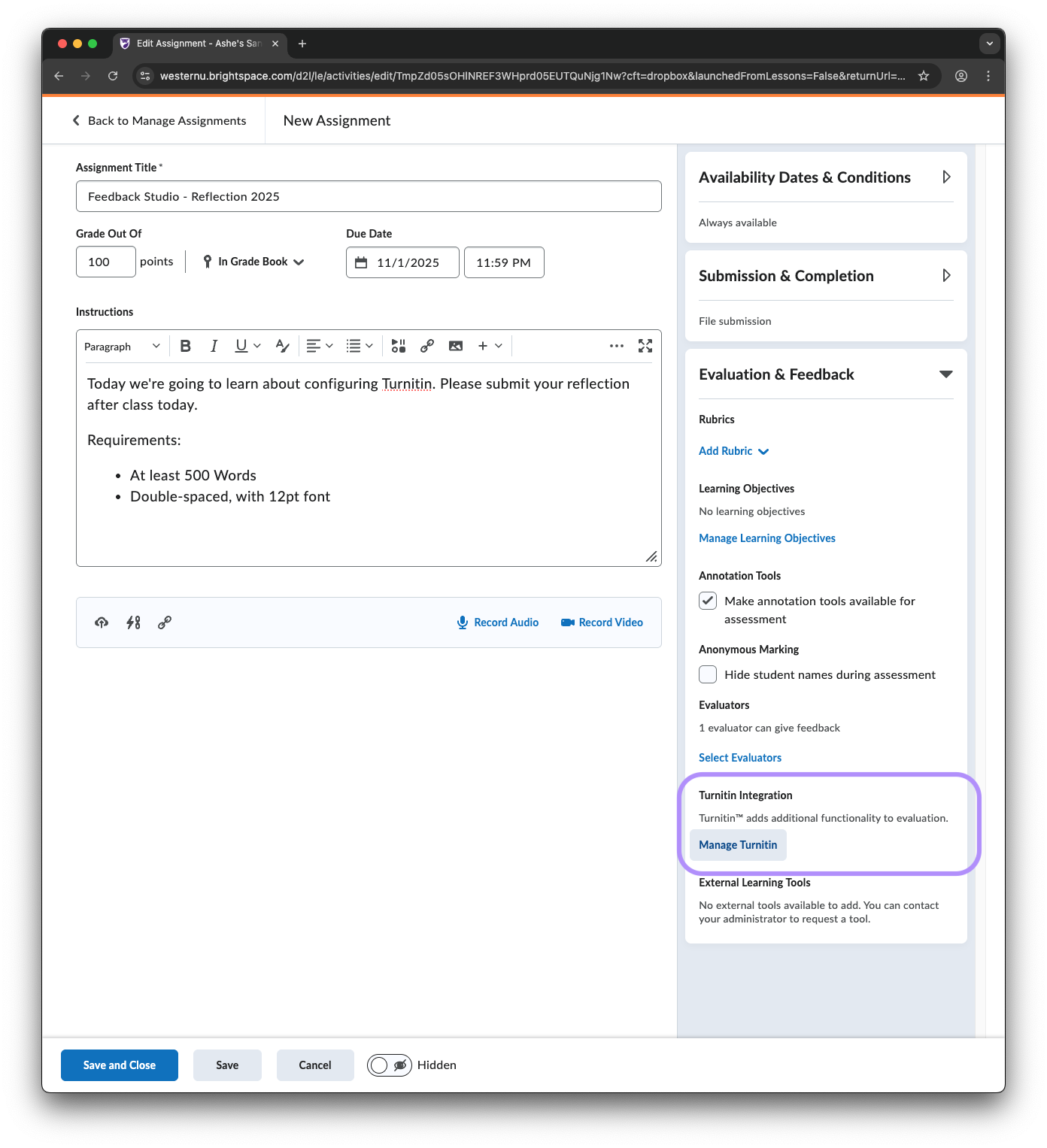 Assignment Settings in Brightspace, Manage Turnitin is highlighted.