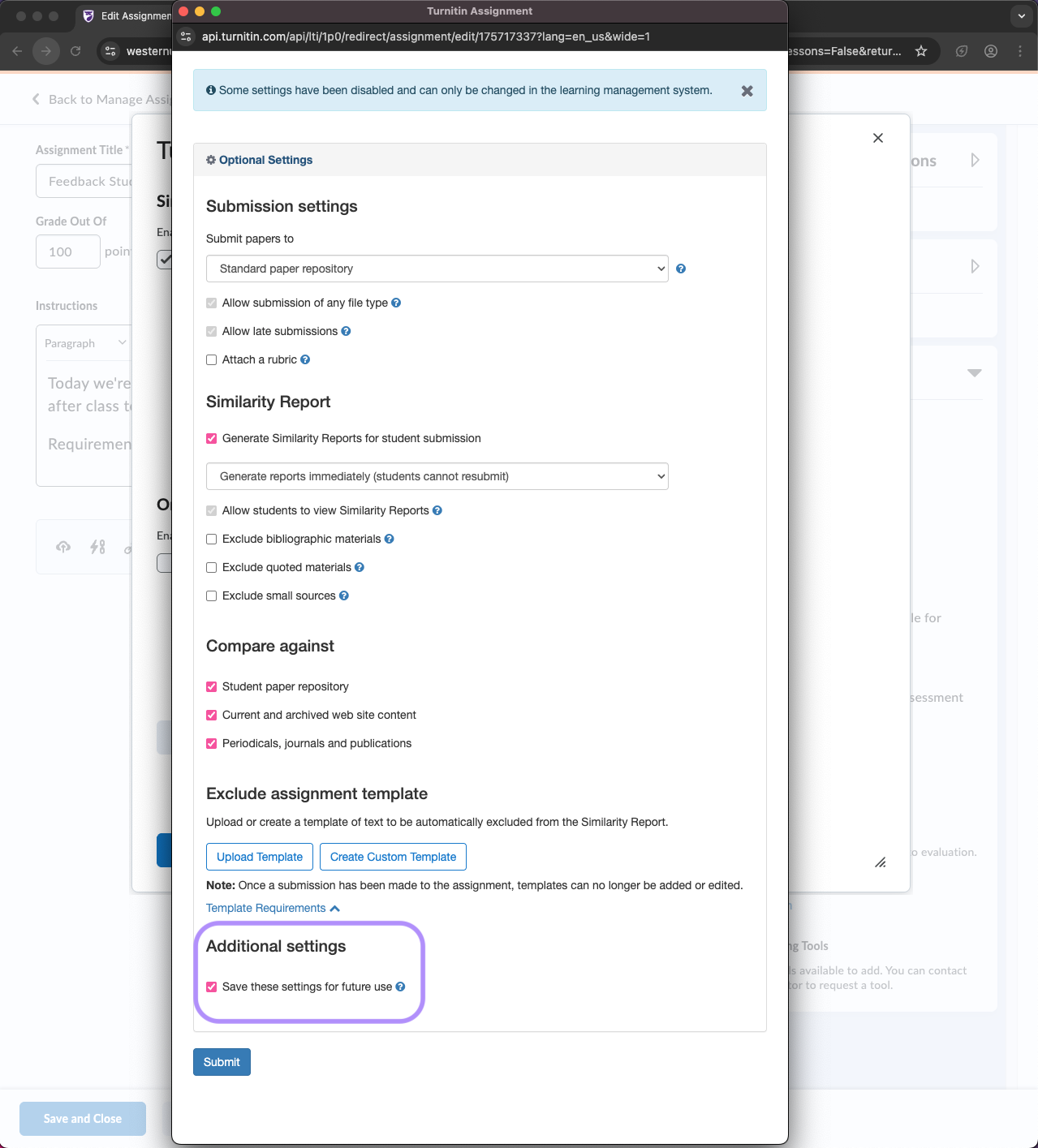 Turnitin Integration's "More Options" pop-up window. "Additional settings" is highlighted, depecting the "Save these settings for future assignments" checked.