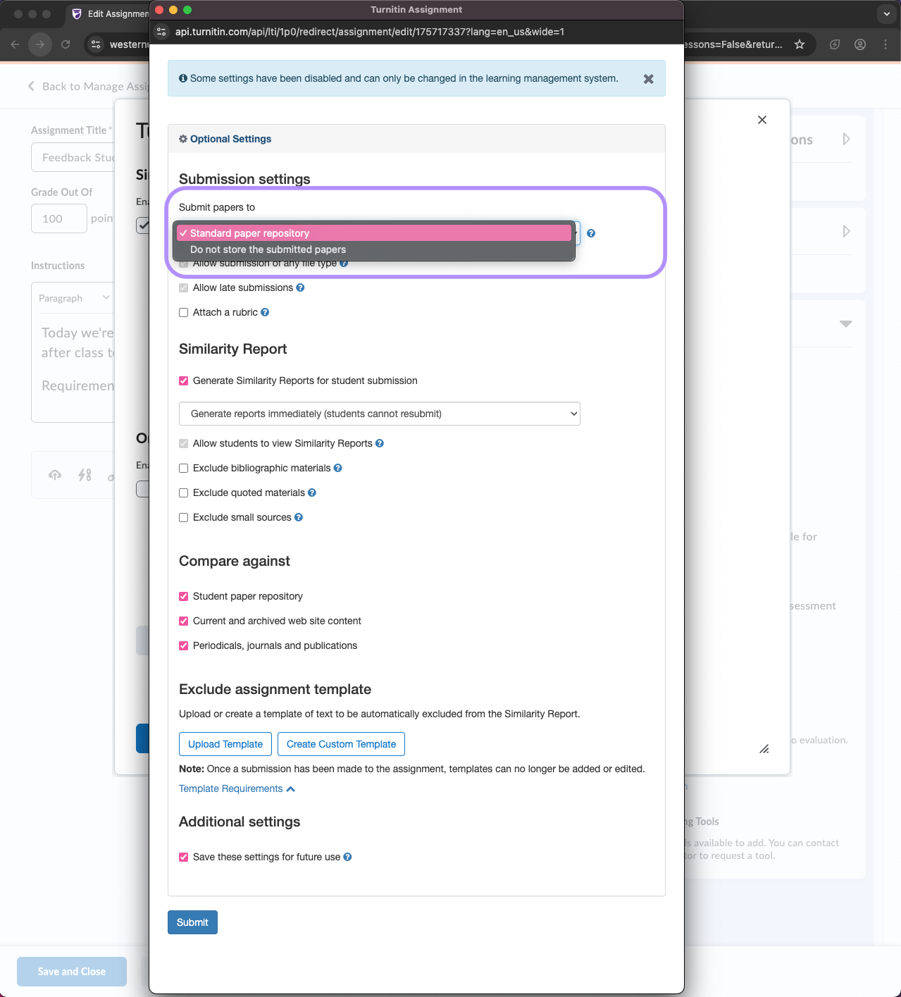 Turnitin Integration's "More Options" pop-up window. "Submission settings" section is highlighted, indicating where to submit papers.