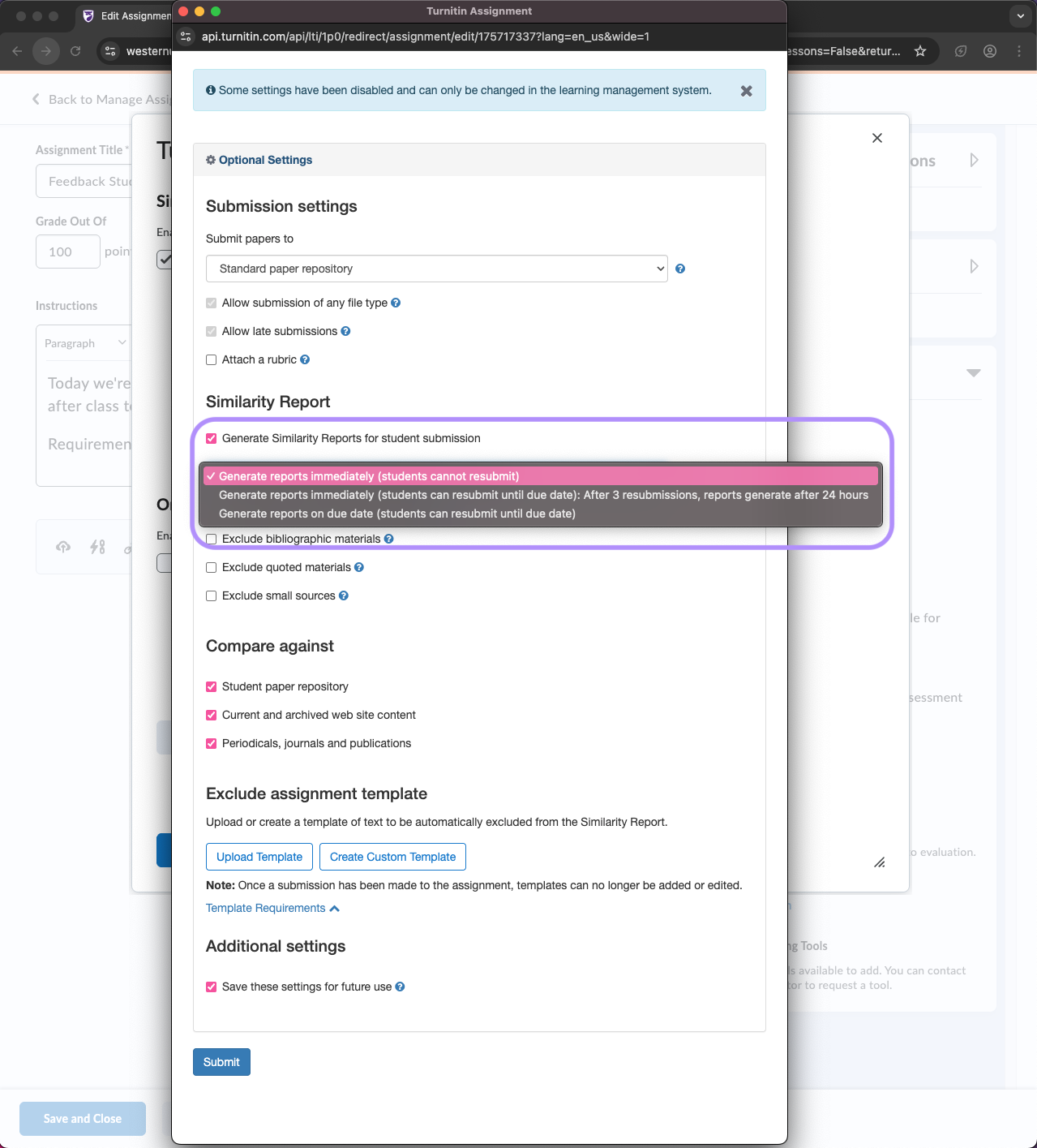 Turnitin Integration's "More Options" pop-up window. "Similarity Report" section is highlighted, indicating which method will be used for generating reports.