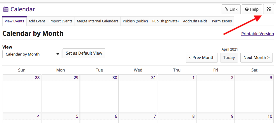 Screenshot of Calendar with an arrow pointing to the new Fullscreen button