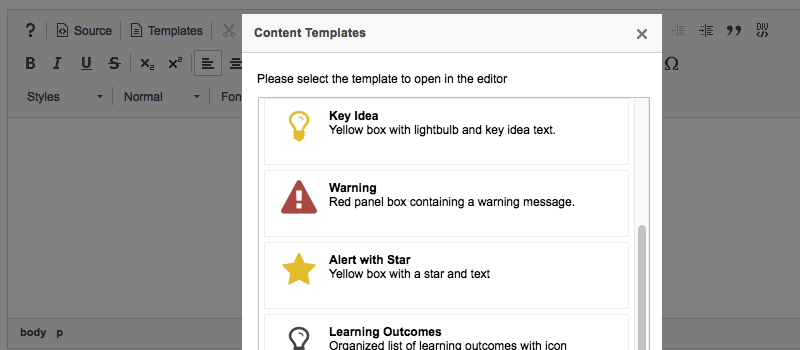 A screenshot of the new editor templates