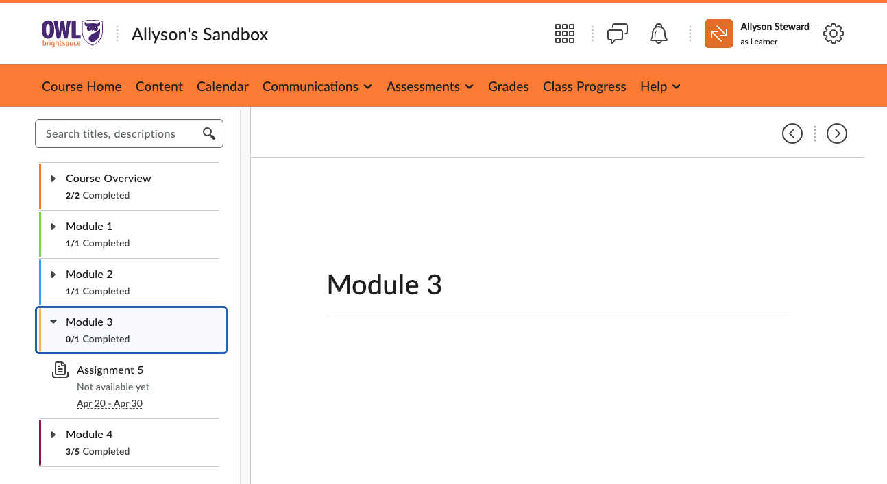 Screenshot of OWL Brightspace showing the Learner view of Content and the dates on an assignment controlling their access.