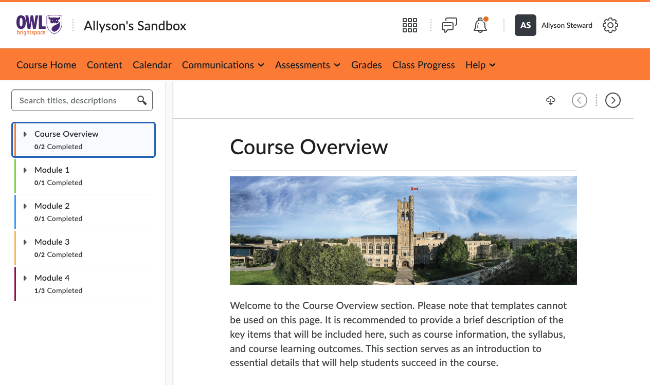 Screenshot of OWL Brightspace showing Learner view and the number of items completed in Content.