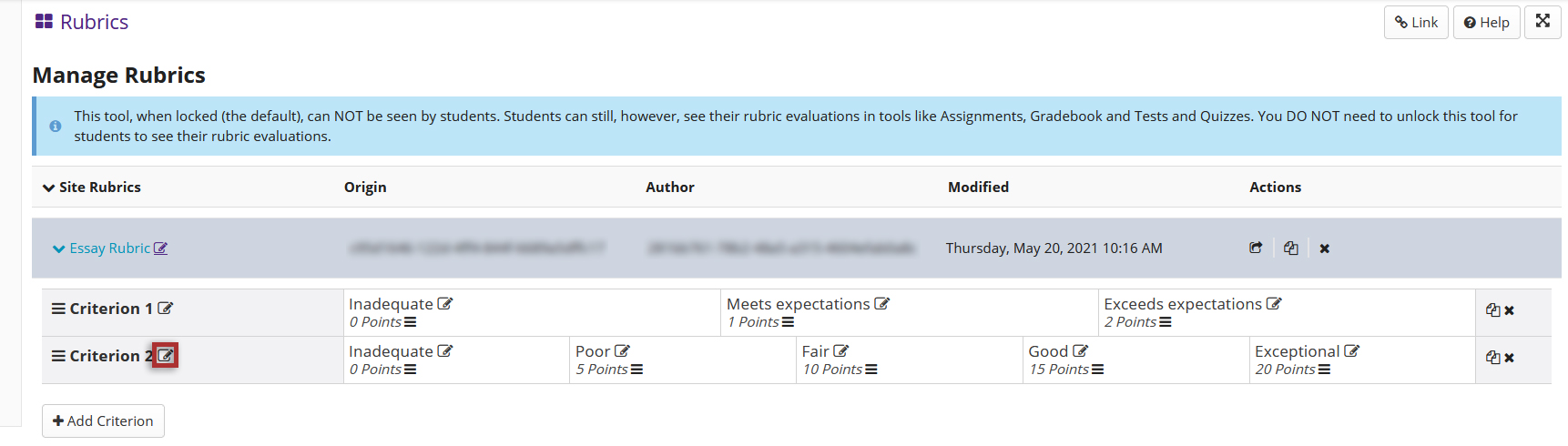 An example rubric, showing two criteria with different rating scales