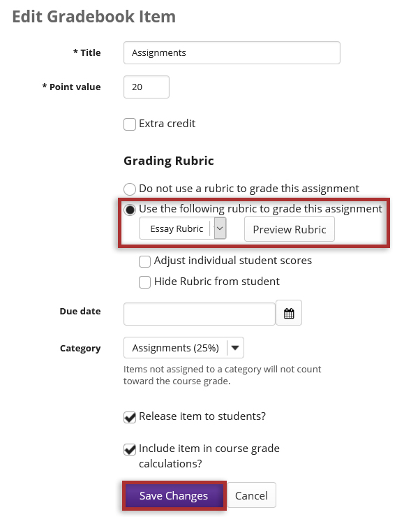 An Gradebook item in editing mode showing the settings for adding a grading rubric