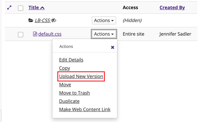 Screenshot of the dropdown menu under Actions where users should select Upload New Version